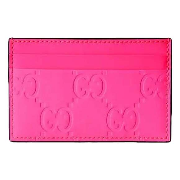 Gucci GG Leather Rubber Effect Neon Pink Card Holder - Picture 1 of 3